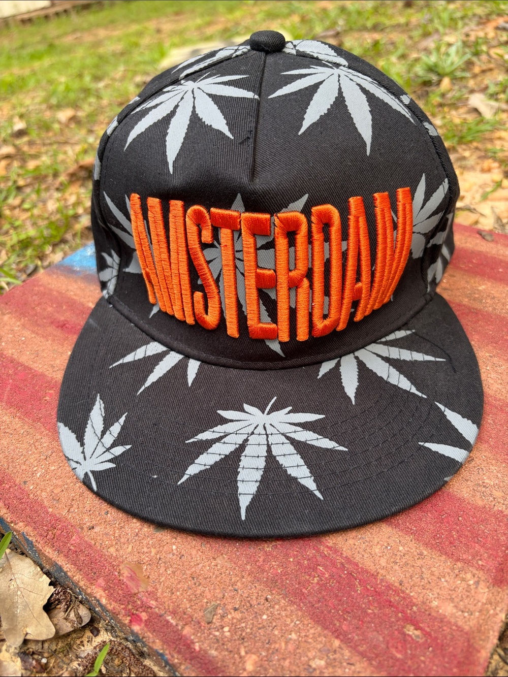 Amsterdam Weed Leaf Black Snapback Hat. Orange Embroidered Tourist Souvenir Hat